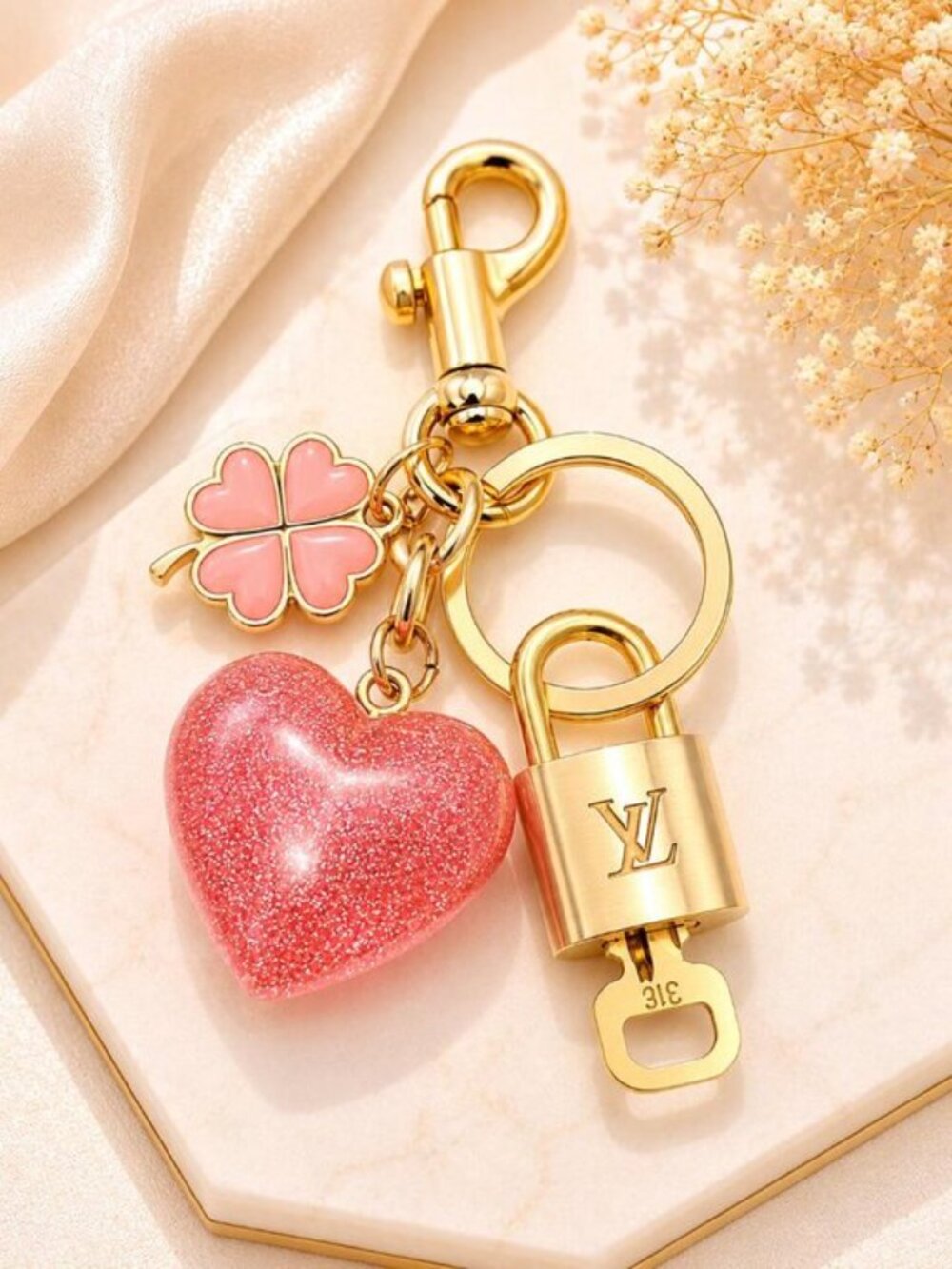 Authentic Louis Vuitton Gold Lock & Key ✨ Unbranded Heart Bag Charm Keychain